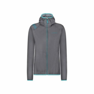 giacca della sportiva vista da davanti di colore grigio e dettagli azzurri