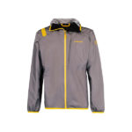 giacca della sportiva vista da davanti di colore grigio e dettagli gialli